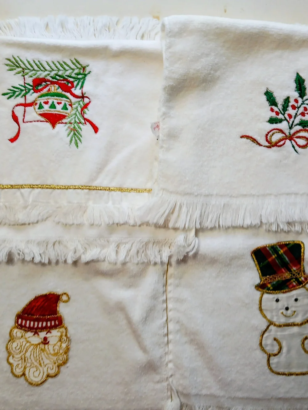 White Holiday Embroidered Fringe Kitchen Towels - Festive Snowman & Santa